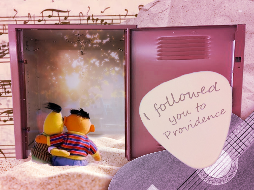 A photo-edited collage of muppet characters Bert and Ernie sitting on a beach in a locker with a guitar in the foreground.