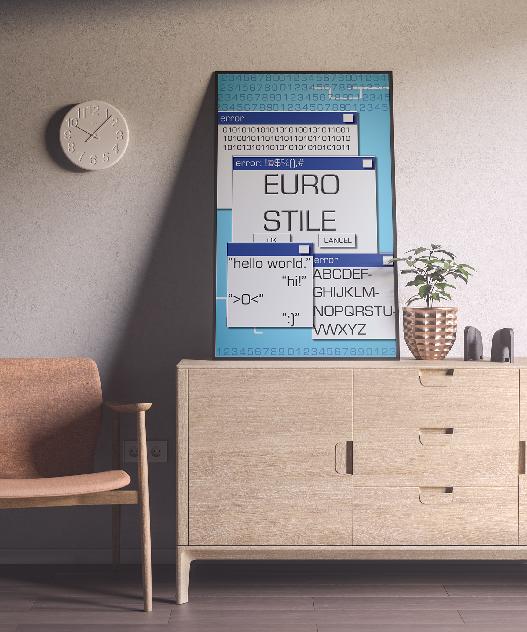 A mockup poster utilizing the Eurostile font sitting on a wooden cabinet. There are various pop up windows in the poster, mimicking a computer.